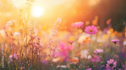 enchanting meadow of wildflowers at sunset dreamy floral landscape photography