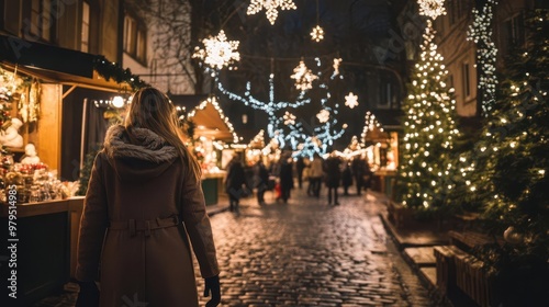 enchanting night scene of a european christmas market twinkling lights illuminating cobblestone streets with a woman in a cozy coat admiring festive stalls and decorated trees