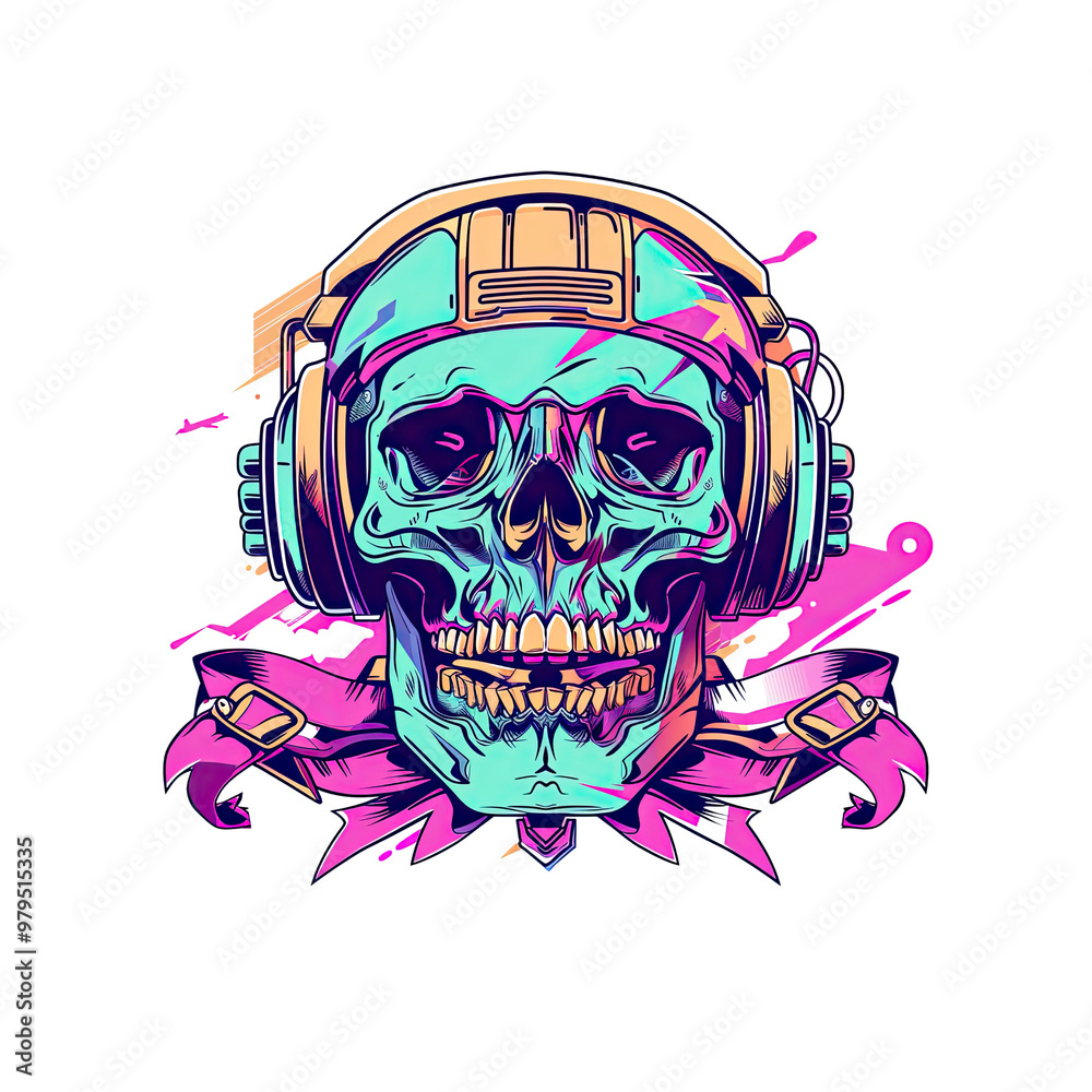Fototapeta premium Neon Skull with Headphones and Ribbon