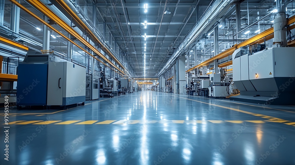 Interior view of a standard industrial factory with adequate lighting, showcasing clean machinery and equipment in an index-style format Interior view of a standard industrial factory with adequate lighting, showcasing clean machinery and equipment in an index-style format