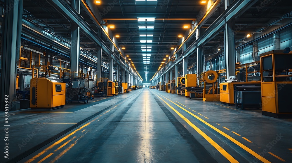 Interior view of a standard industrial factory with adequate lighting, showcasing clean machinery and equipment in an index-style format Interior view of a standard industrial factory with adequate lighting, showcasing clean machinery and equipment in an index-style format