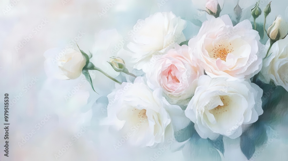 ethereal bouquet of white and blush pink roses in loose watercolor style with soft edges and translucent petals on pristine background ethereal bouquet of white and blush pink roses in loose watercolor style with soft edges and translucent petals on pristine background