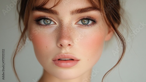 Close-up portrait of a woman with freckles and natural makeup.