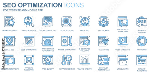 SEO optimization web icons set in duotone line design. Pack of data management, target audience, online consulting, search engine, social media, other outline stroke pictograms. Vector illustration
