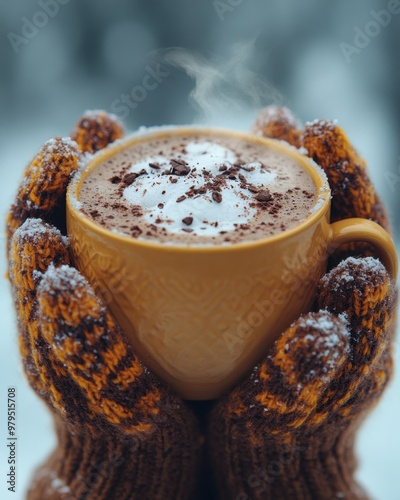 Cozy Winter Vibes - Hands in Woolen Mittens Holding Steaming Hot Cocoa, Canon EOS-1D X Mark III Close-Up Shot photo