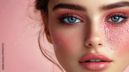 Close-up portrait of a young woman with pink makeup and sparkling glitter on her cheek.