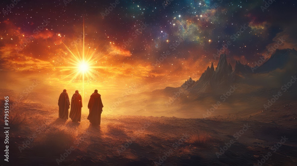 Fototapeta premium ethereal nativity scene with the three wise men following a brilliant star soft divine light illuminates their journey through a mystical desert landscape