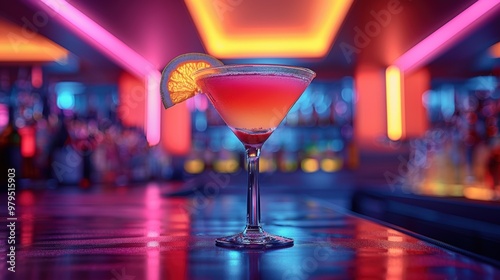 Colorful cocktail with a slice of orange set against a vibrant bar background at night