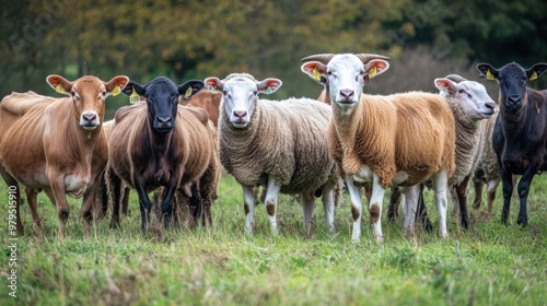 Group of Sheep and Cattle in a Lush Pasture