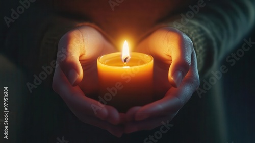 ethereal scene of hands cradling flickering candle flame soft focus creating dreamlike atmosphere symbolic representation of hope and spirituality