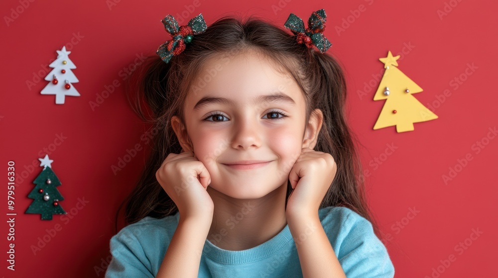 Smiling girl with holiday bows against red backdrop. Smiling girl with holiday bows against red backdrop.