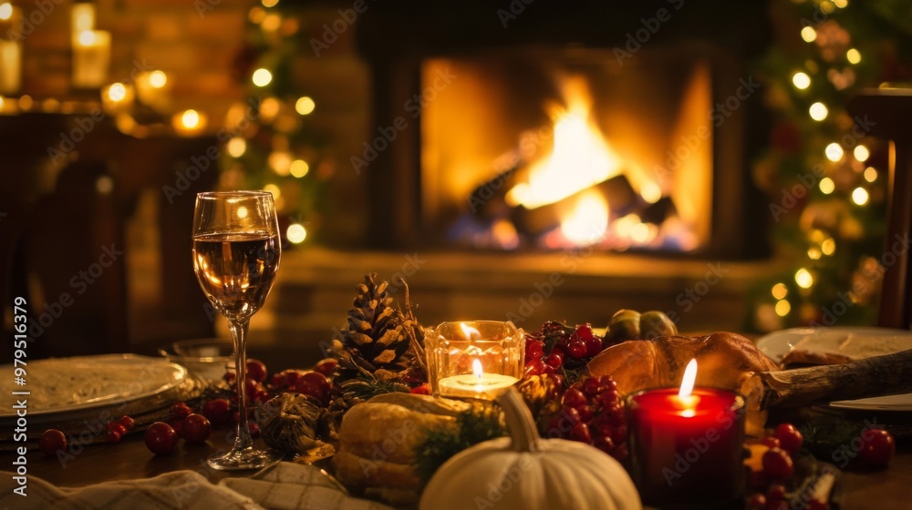 A Festive Table Setting with a Fireplace and Candles