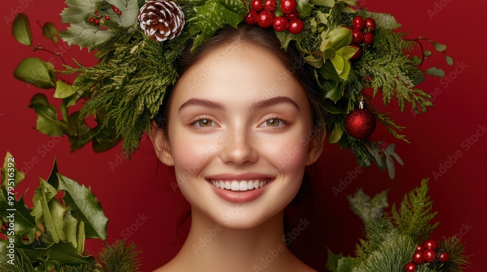 Smiling woman with lush greenery against red backdrop. Smiling woman with lush greenery against red backdrop.
