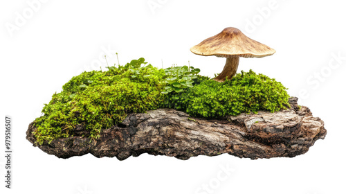 A close-up of fresh mushrooms with brown caps growing on green moss in a forest during autumn photo