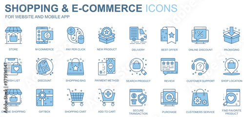Shopping and e-commerce web icons set in duotone line design. Pack of store, m-commerce, product, delivery, best offer, online discount, wish list, other outline stroke pictograms. Vector illustration