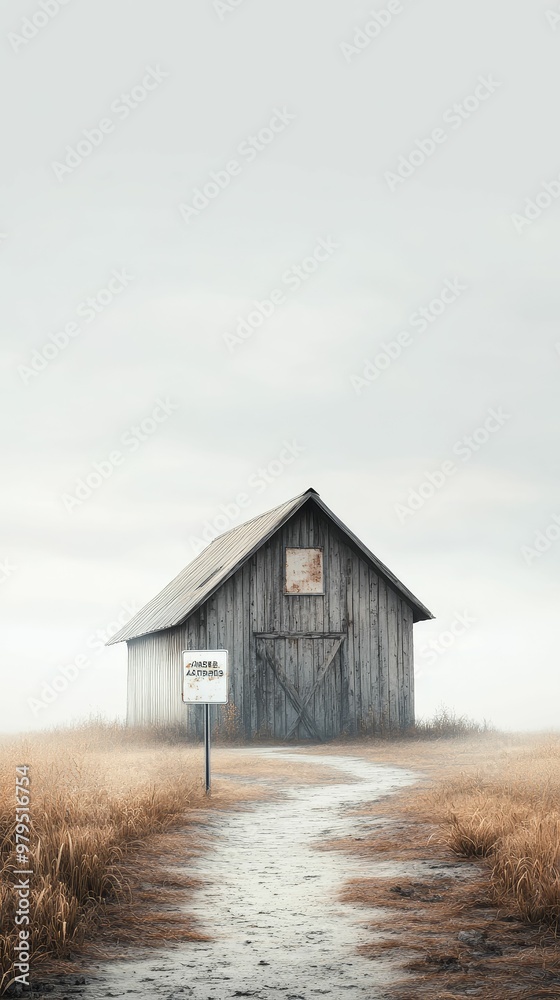 A barn with quarantine signs, surrounded by deserted fields under a gray sky A barn with quarantine signs, surrounded by deserted fields under a gray sky