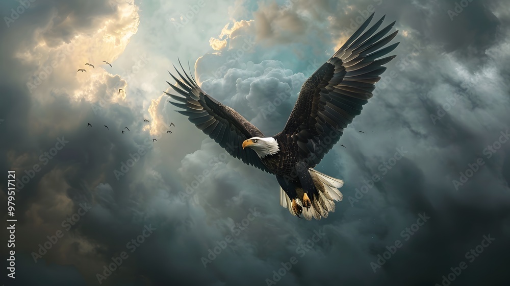 Obraz premium Eagle Soaring Through a Dramatic Cloudy Sky: A Majestic Flight