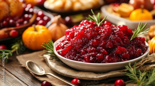 Cranberry Sauce with Rosemary Garnish and Pumpkins