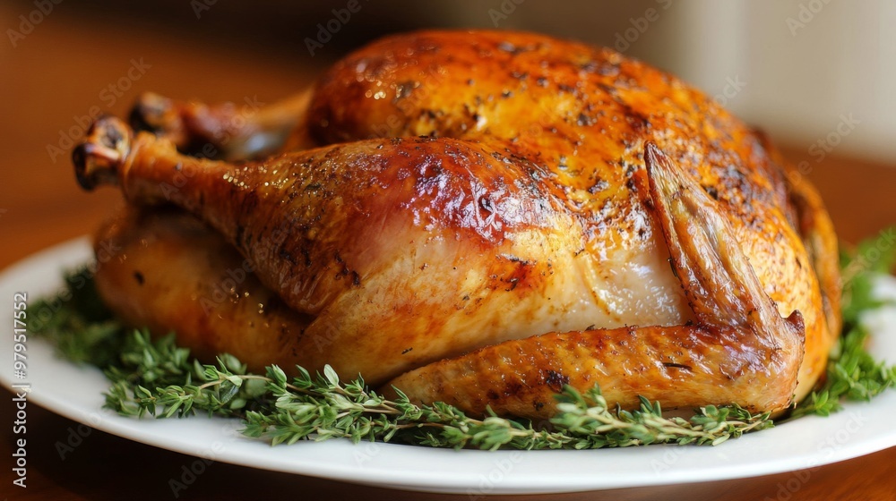 Roasted Turkey with Thyme Garnish on a White Plate