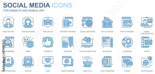 Social media web icons set in duotone line design. Pack of male or female avatar, follow, content sharing, network, wifi hotspot, photo tagging, other outline stroke pictograms. Vector illustration
