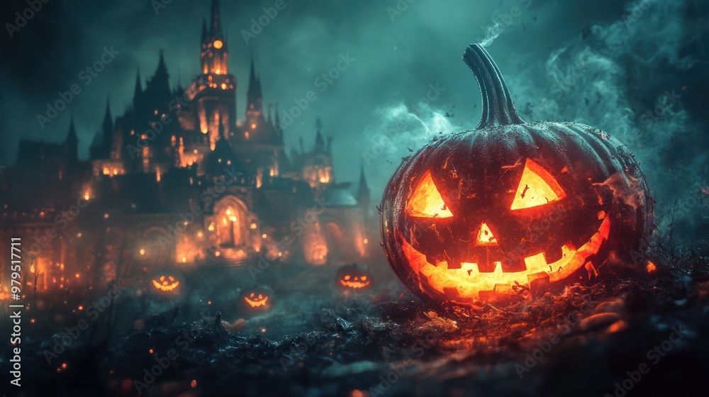 Halloween Jack o Lantern with Spooky Castle in Background Halloween Jack o Lantern with Spooky Castle in Background