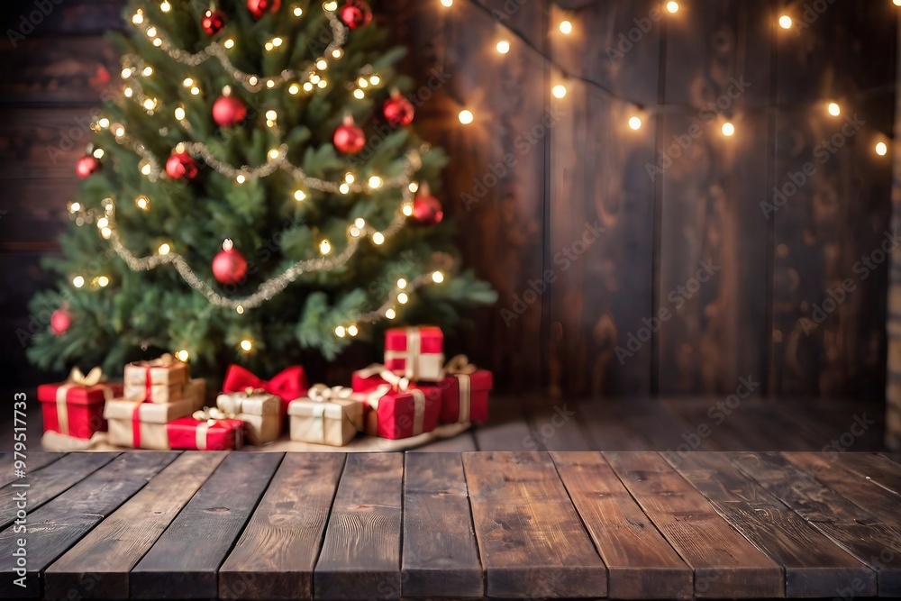 Empty rustic wooden table against a blurry Christmas living room decor with copy space. Christmas background. Empty rustic wooden table against a blurry Christmas living room decor with copy space. Christmas background.
