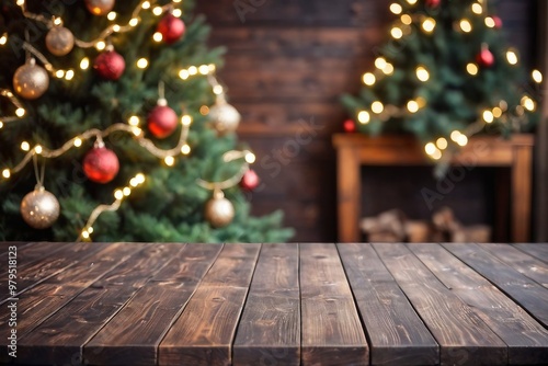 Empty rustic wooden table against a blurry Christmas living room decor with copy space. Christmas background.