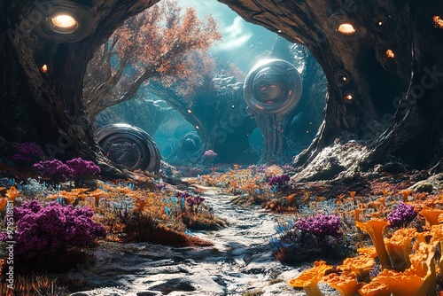 A breathtaking fantasy landscape blending vibrant alien flora with futuristic scientific equipment photo