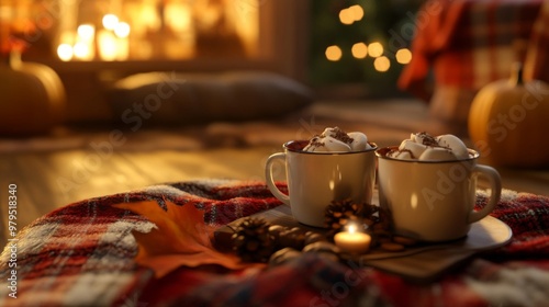 Wallpaper Mural Two Mugs of Hot Chocolate with Marshmallows and Chocolate Shavings on Plaid Blanket Torontodigital.ca