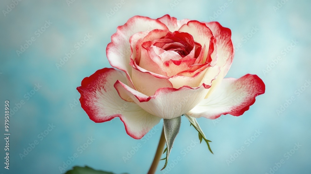Beautiful red and white rose in full bloom, with delicate petals and a calm light blue background, creating a visually stunning floral portrait Beautiful red and white rose in full bloom, with delicate petals and a calm light blue background, creating a visually stunning floral portrait