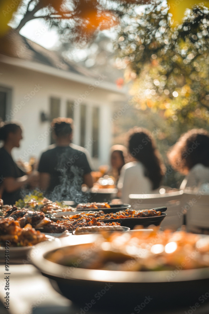 Outdoor gathering with people having a meal in autumn setting Outdoor gathering with people having a meal in autumn setting