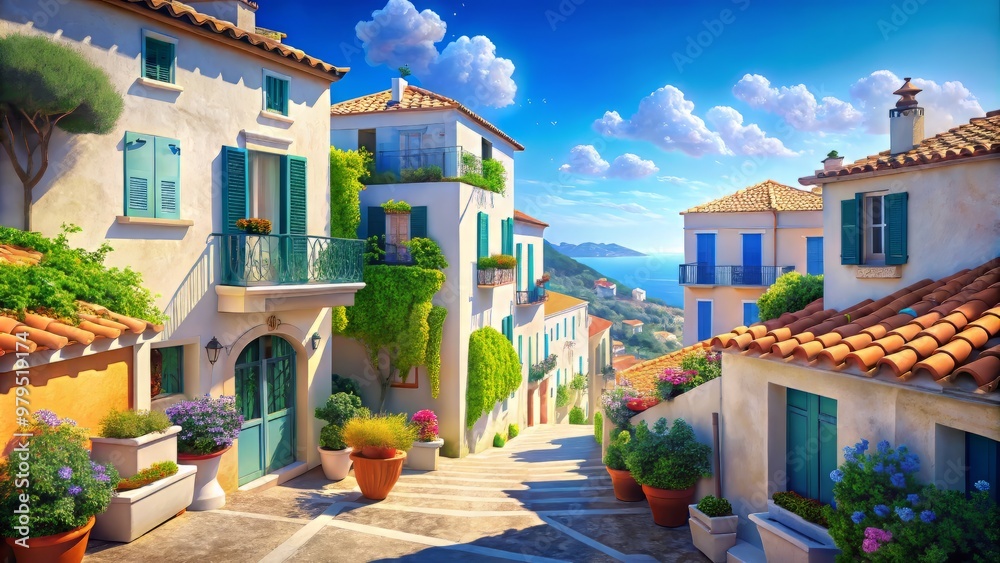 Fototapeta premium Whitewashed houses with bright blue shutters and ornate iron balconies line the cobblestone streets of a picturesque Provençal town, surrounded by lush greenery and a distant Mediterranean Sea.