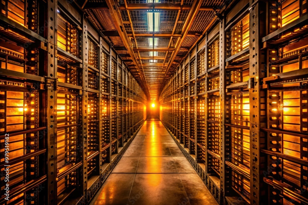 mysterious dimly lit rows of humming racks in abandoned industrial server rooms with warm golden tones and eerie shadows mysterious dimly lit rows of humming racks in abandoned industrial server rooms with warm golden tones and eerie shadows