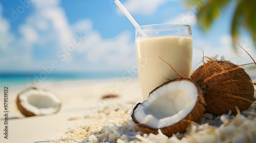 Tropical Refreshment Coconut Juice and Milk by the Beach with Stunning Ocean View