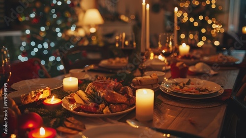 festive christmas dinner table laden with traditional holiday dishes warm candlelight illuminating a cozy family gathering photo