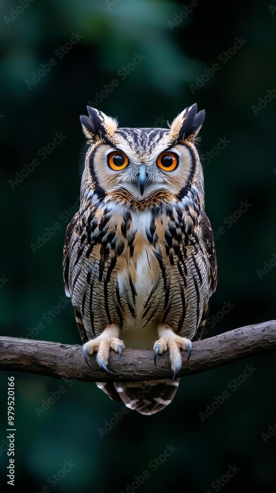 A tight shot of an owl perched on a tree branch, background softly blurred with trees in the distance A tight shot of an owl perched on a tree branch, background softly blurred with trees in the distance