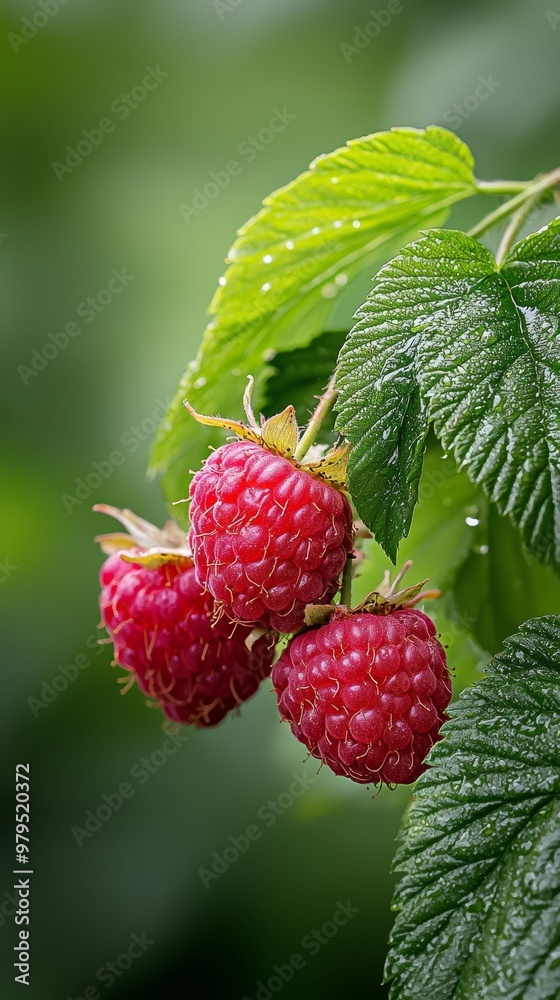 A cluster of red raspberries dripping with dew on a verdant leafy branch A cluster of red raspberries dripping with dew on a verdant leafy branch