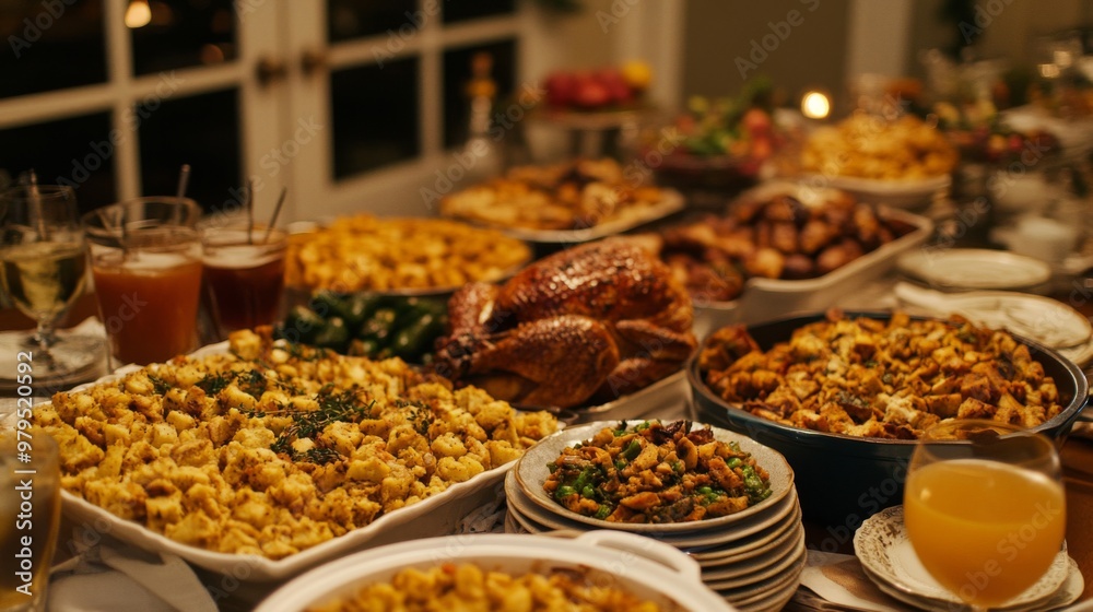 Fototapeta premium A Festive Spread of Thanksgiving Dinner Dishes