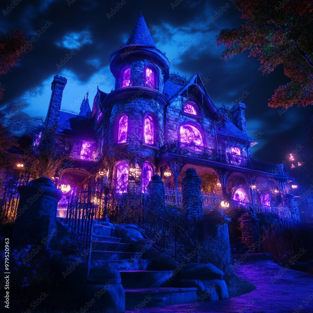 Haunted House Halloween Spectacle, an eerie mansion adorned with vibrant, spooky lighting creating a captivating atmosphere perfect for festive celebrations.