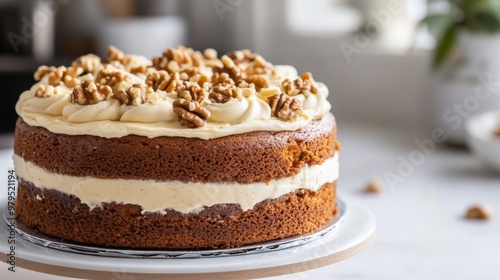 A rustic carrot cake with cream cheese frosting and walnuts on top, displayed on a white surface with a focus on its homemade charm and delicious texture.