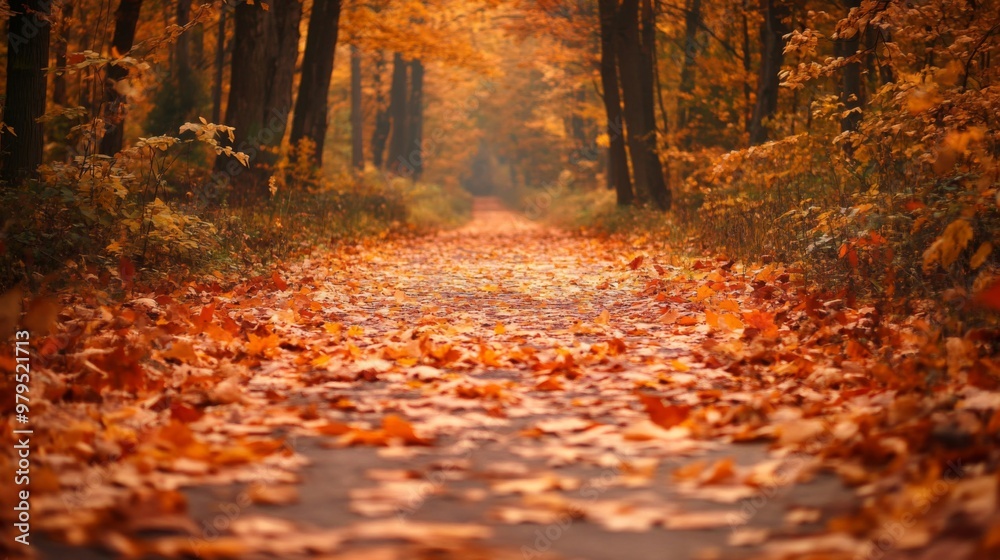 Fototapeta premium A Pathway Through a Forest Covered in Fallen Autumn Leaves