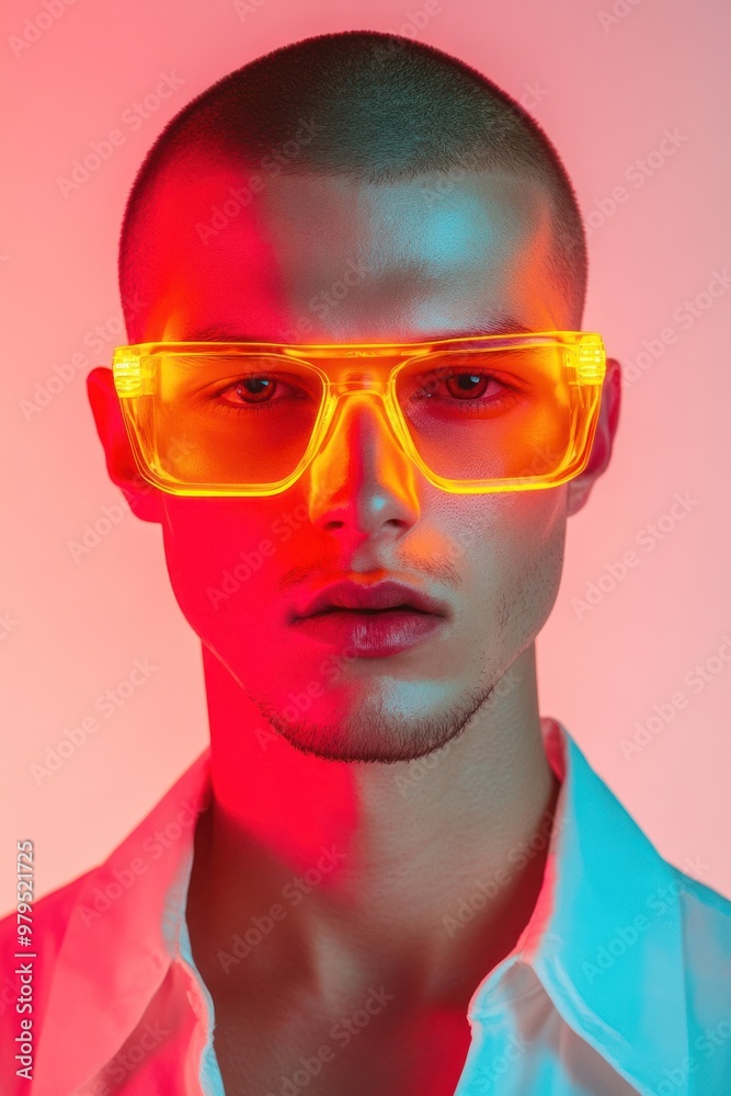 Man illuminated by bold lighting, in yellow glasses. Man illuminated by bold lighting, in yellow glasses.