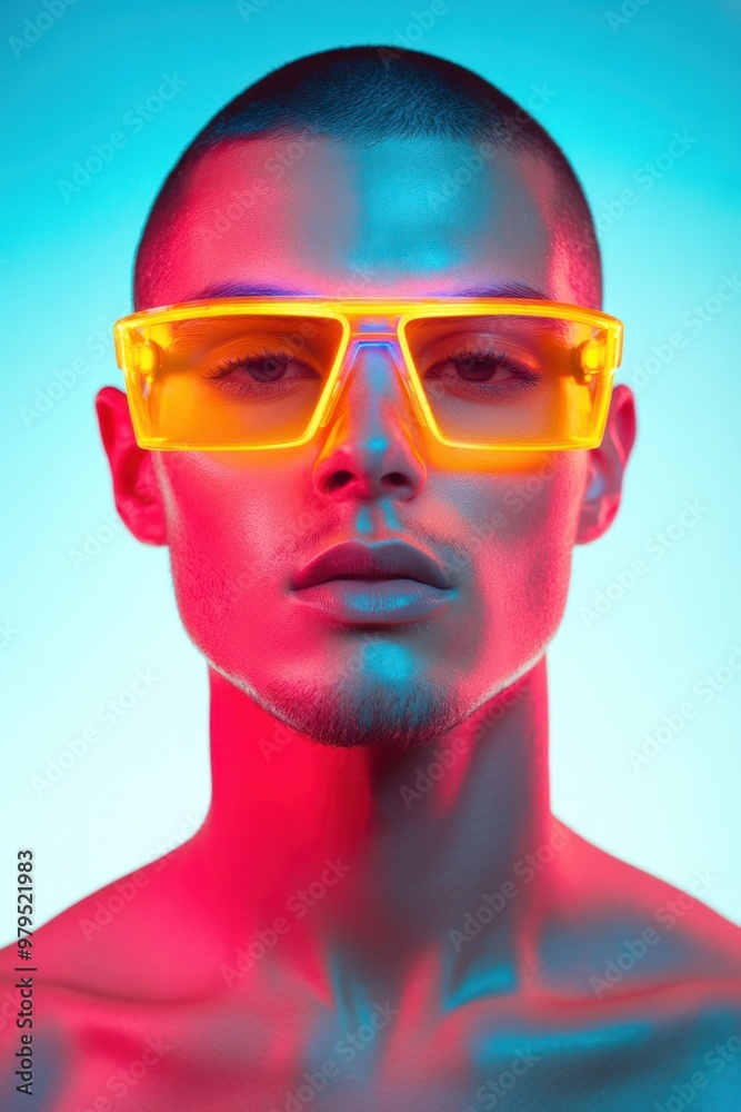 Portrait of a man in glowing sunglasses on gradient Portrait of a man in glowing sunglasses on gradient