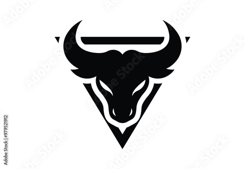 Black Bold Bull Silhouette in Triangle Logo on White Background