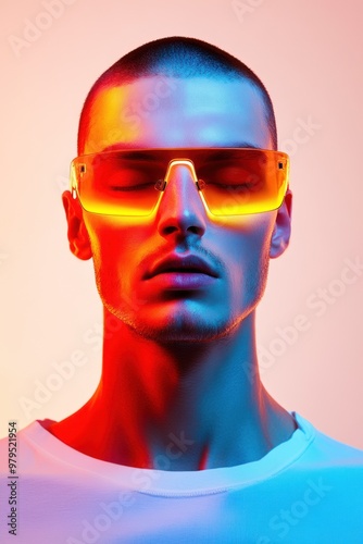 Fashion forward individual with neon sunglasses on