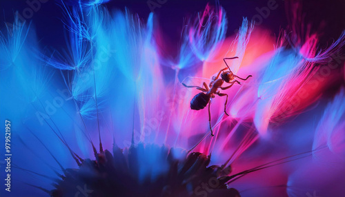 Macro view of an ant on dandelion flower, generative ai