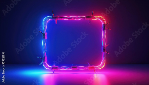 Barbed wire fence around the frame, lit by neon light, generative ai