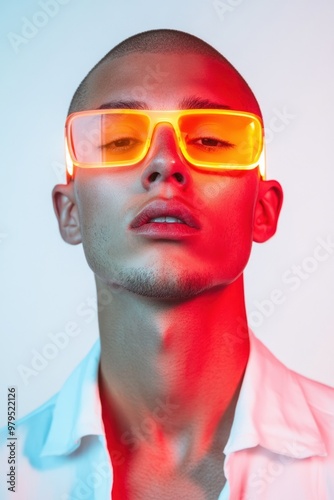 Boldly illuminated figure with sleek orange eyewear