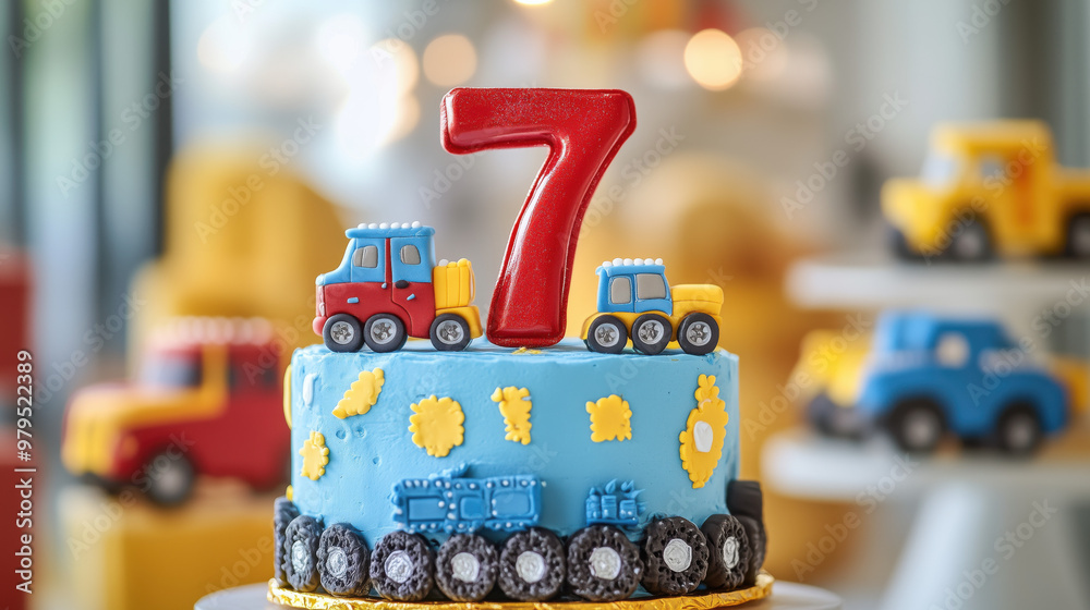 custom made wallpaper toronto digitalColorful fun car truck-themed 7th Birthday Cake with Red Number Seven Topper for Children's happy bday Party