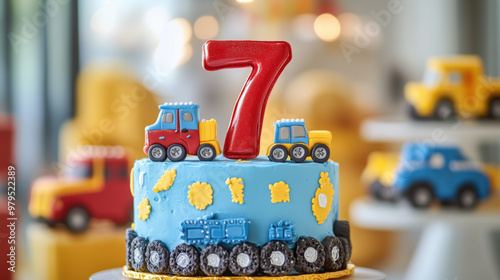 Wallpaper Mural Colorful fun car truck-themed 7th Birthday Cake with Red Number Seven Topper for Children's happy bday Party Torontodigital.ca